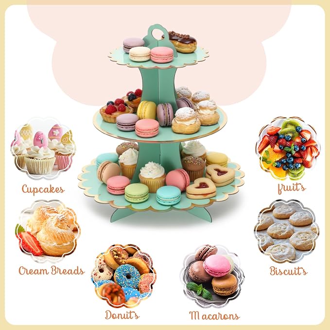12 Pcs Tea Party Cupcake Stand Decorations Spring Cardboard Cupcake Tower 4 3-Tier Cake Stands 3 2-Tier Cake Holders 5 Trays for Flower Tea Party Princess Birthday Wedding Supplies(Classic)