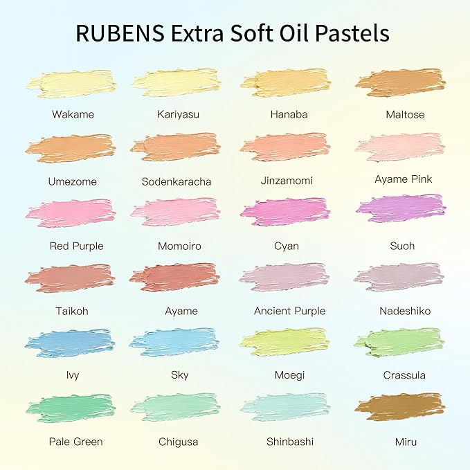 rubens Soft Oil Pastels Set (24 Macaron Colors), Painting Kit, Art Supplies, Includes Oil Pastels Set, 1 Palette Knife, 1 Roll of Masking Tape, 30 Sheets Oil Pastel Paper, 1 Base Plate