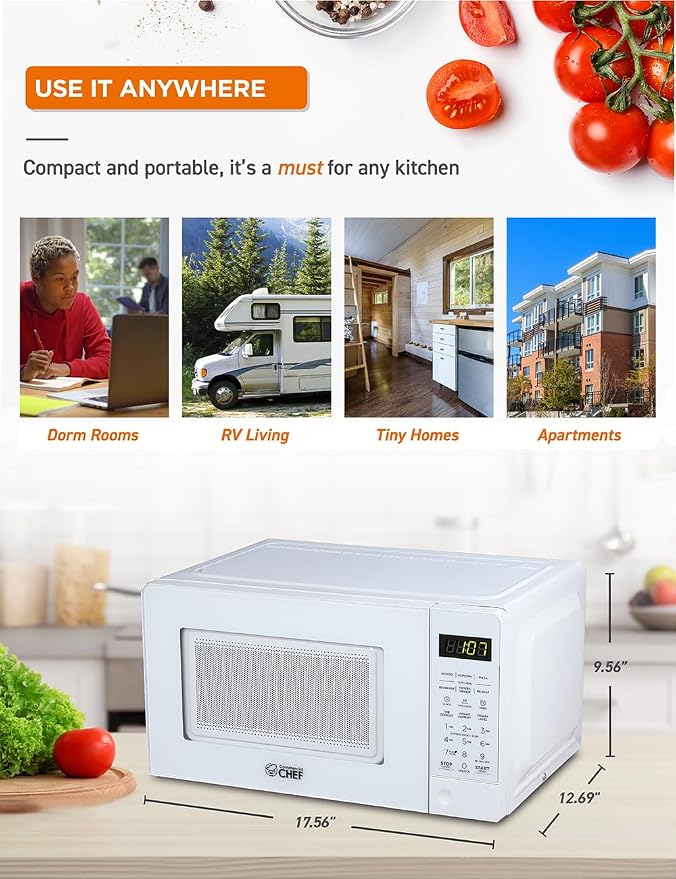 COMMERCIAL CHEF 0.7 Cubic Foot Microwave with 10 Power Levels, Small Microwave with Pull Handle, 700W Countertop up to 99 Minute Timer and Digital Display, White