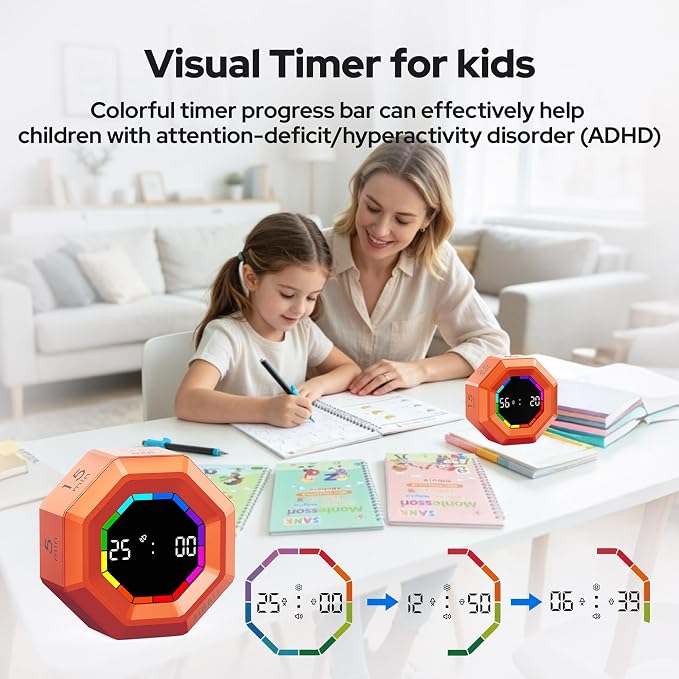 Visual Timer for Kids Kitchen Timer Pomodoro Magnetic Visual Countdown | Smart Gravity Sensing Timer with Large Display Loud Alarm for Study Cooking Classroom Homework Time Management