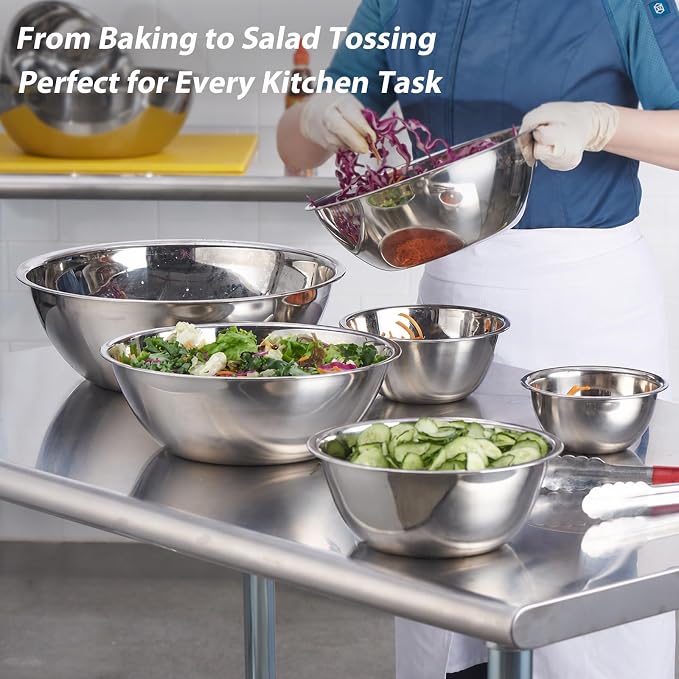 CURTA 6 Piece Stainless Steel Mixing Bowls Set, Heavy-Duty Nesting Metal Bowls (0.6–10 QT) with Flat Base, Large Prep Bowls for Baking, Cooking, Salad Tossing & Meal Prep