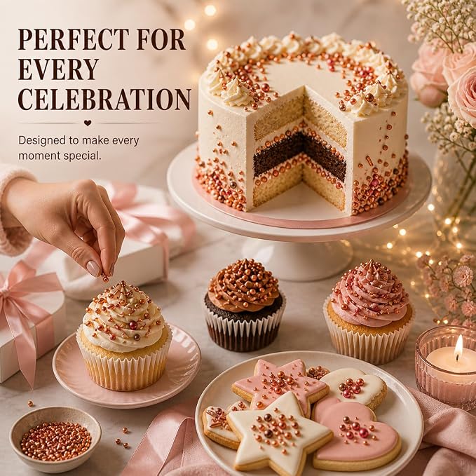 Confect Metallic Sprinkles Mix –Edible Pearl Dragees in Copper, Bronze & Rose Gold – Jimmies & Sparkling Sugar – Elegant Sprinkles for Cake & Cupcake Decorating- Vegan, Gluten-Free, Nut-Free, Soy-Free, Dairy-Free, Palm Oil-Free- 5 Oz