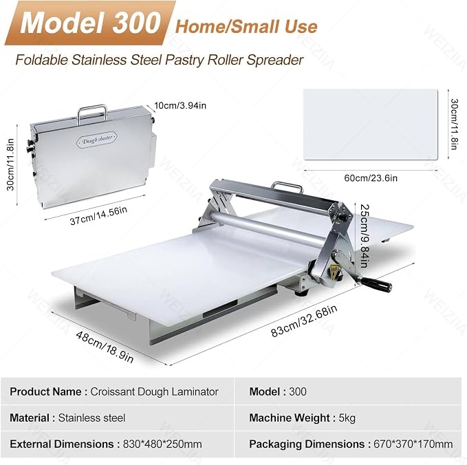 Croissant Dough Laminator, Commercial Dough Roller Sheeter, Dough Machine Thickness Adjustable 0-25mm, Stainless Steel, Table Top Croissants Fondant Pizza Pastry Sheeter Machine Type300
