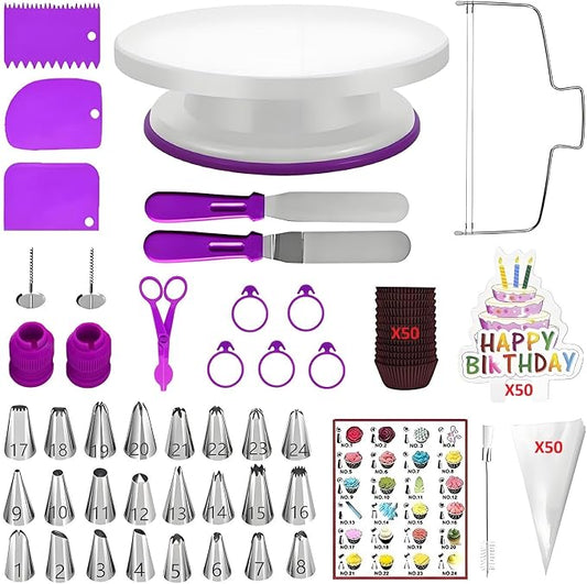 ANSLYQA Cake Decorating Kit, 193 Pcs Baking Tools | Cake Turntable, Leveler, 24 Numbered Icing Tips, 2 Spatulas, 3 Scrapers, 50 Pastry Bags, 50 Cupcake Liners & More, (Purple)