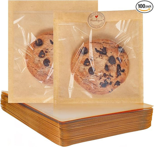 SUREHOME Cookie Bags Small Brown Paper Bags with Window 100 Pcs Thank You Stickers 5.7 x 6.5 Inch Individual Heat Sealable Kraft Bakery Bags for Gift Giving, Treats, Snacks, Baked Goods Packaging