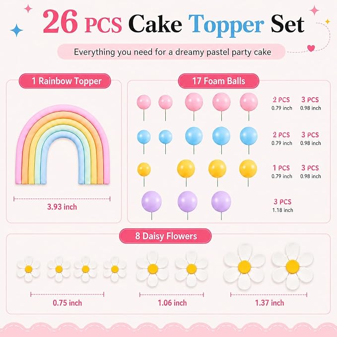 Boho Cake Topper, Qoadwem 26pcs Rainbow Cake Topper For Hippie Themed Daisy Flowrs Blue Dog Cake Toppers Pastel Ball Cake Decorations for Groovy Hippie Wedding Party Supplies