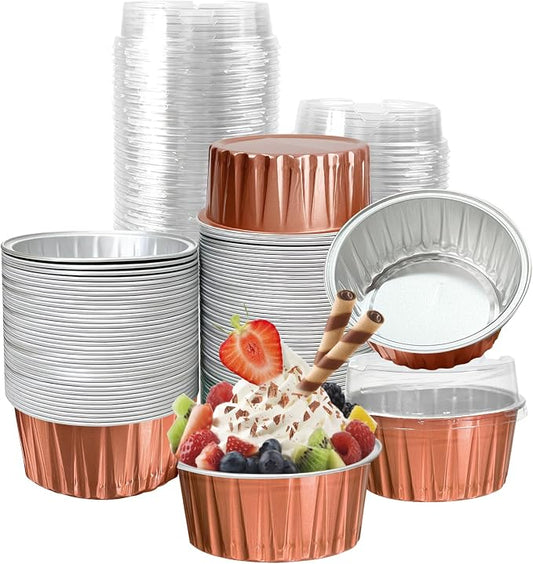 100Pcs Aluminum Cups with Lids,5oz Disposable Ramekin Baking Cups Muffin Liners Mini Pie Pans Foil Cupcake Containers for Christmas Party Wedding Party,Orange
