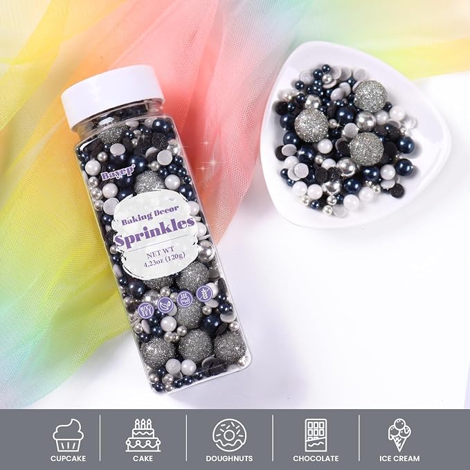 Black & Silver Sprinkles for Cake Decorating 4.23ounce - Sparkle Pearl Candy for Cupcake Toppers, Ice Cream, Candy, Cookie Decorations - Silver Sprinkles for Princess Bridal Shower Wedding Party