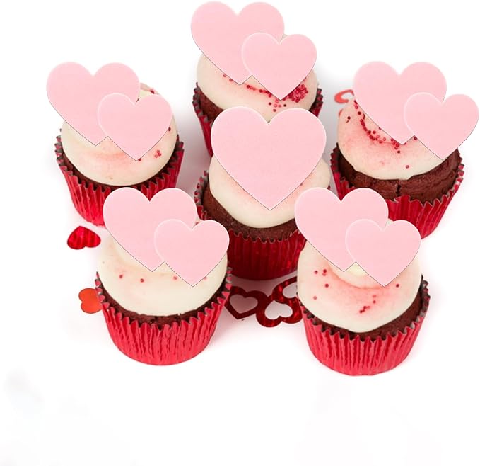 60 PCS Edible Heart Cupcake Toppers Sweet Love Valentine's Day Cake Decorations Edible Heart Cupcake Picks for Valentine's Day Wedding Engagement Birthday Party Food Decorations Supplies Light Pink