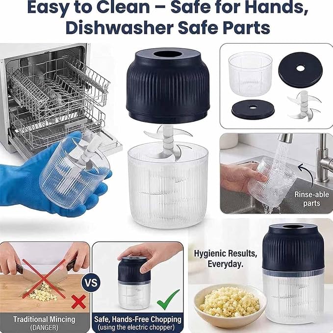 Household Electric Garlic Crusher, 400ml Mini Electric Food Chopper, Portable Mini Food Processor with 6 Blades, Wireless Electric Garlic Chopper for Ginger, Chili, Fruit, Meat, etc (4 Blades Blue)