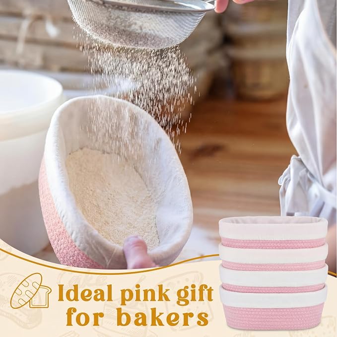 4 Pcs 10 Inch Bread Proofing Basket Set Cotton Rope Oval Banneton Basket Sourdough Bread with Liners Covers for Baking Supplies (Pink)