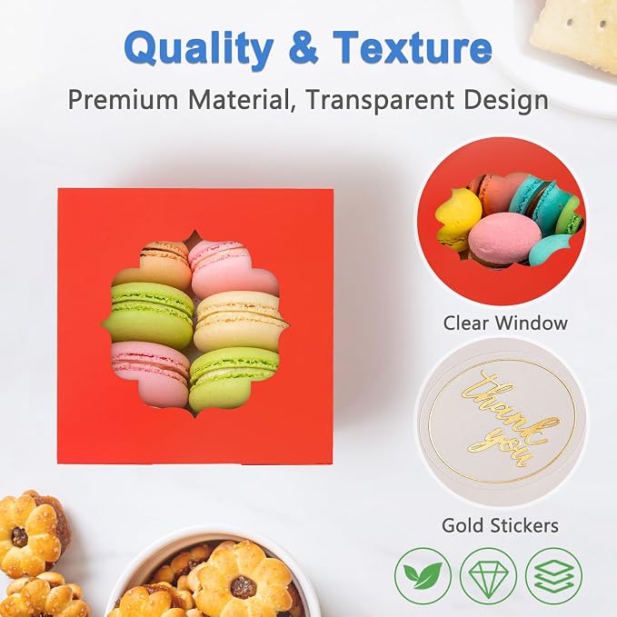 Shallive 4-Inch Small Cookie Boxes 50 Pcs Red - Bakery Treat Boxes with Window for Christmas Holiday Gifting, To-go Tins for Cake Slice, Macarons, Donuts