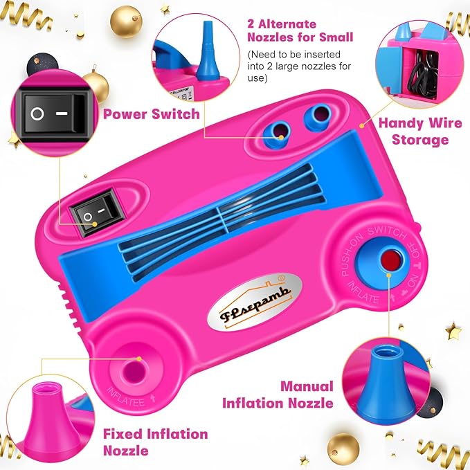 FLSEPAMB Balloon Pump, Electric Balloon Pump,Portable Dual Nozzles Electric Balloon Air Pump 110V 600W, Electric Balloon Inflator with Tying Tool, Colored Ribbons for Party Decoration
