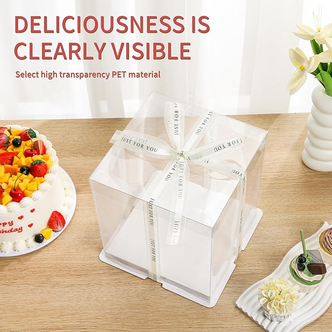 JCD 6Pcs Multi-Layer Tall Cake Boxes Clear Box with Ribbon, 8x8x9 inch,Ideal for 6" Inch Tall Layer Tiered Cakes,Gift Boxes for Wedding Party and Gift Display (Clear Lid, 8 * 8 * 9inch/6Pcs)