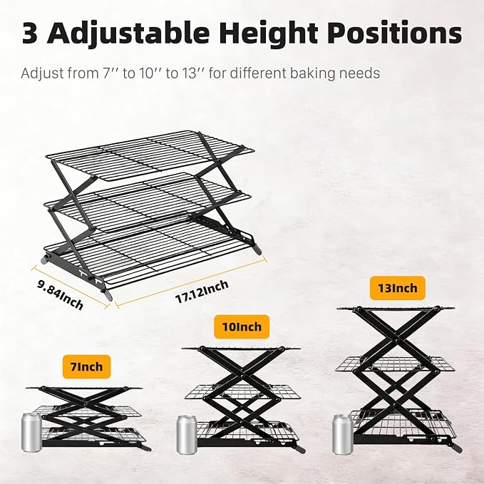 3 Tier Cooling Rack, Collapsible Adjustable Height Wire Baking Rack with Stable X-Leg Design, Space-Saving Cooling Racks for Cooking and Baking Cookies, Cakes & Pastries, 17.1" x 9.8", Black