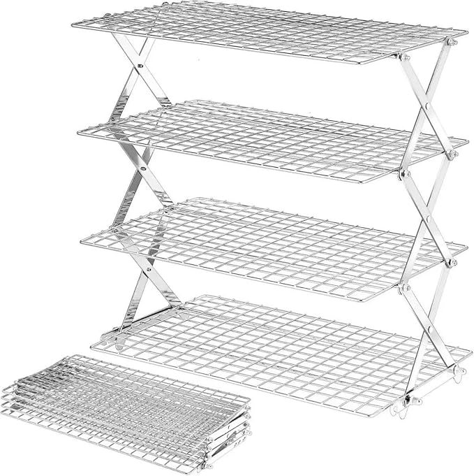 4-Tier Collapsible Cooling Rack-Adjustable Stackable Non-Stick Wire Rack for Baking,for Baking, Roasting, Cookies, Cakes, Drying, Picnic & BBQ,Silver