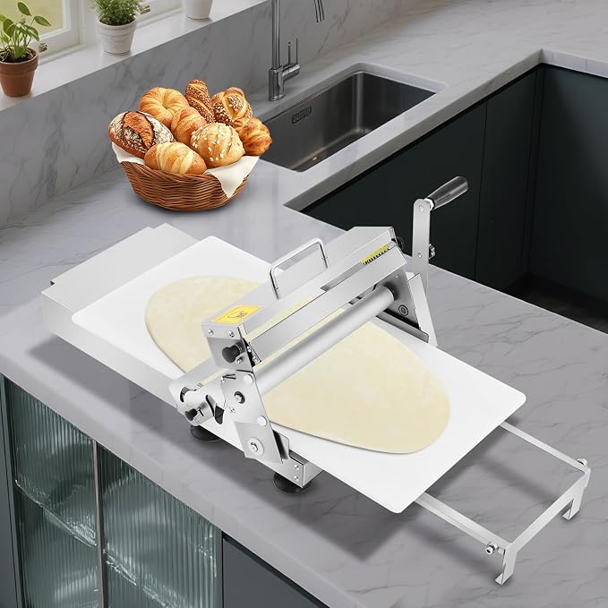 Folding Dough Sheeter Machine, Manual Dough Sheeter, Dough Roller Machine Stainless Steel Thickness Adjustable0-25mm for Home and Commercial Bakeries (Silver)