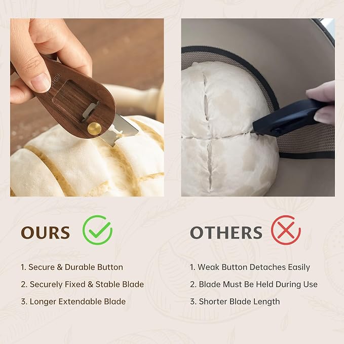 NiHome Bread Lame with Long Walnut Wood Handle for Scoring Bread and Slicing Dough, Safe Use with Push-Pull Locking Blade and Magnetic Back for Easy Storage, Ergonomic Grip for Precision Cutting