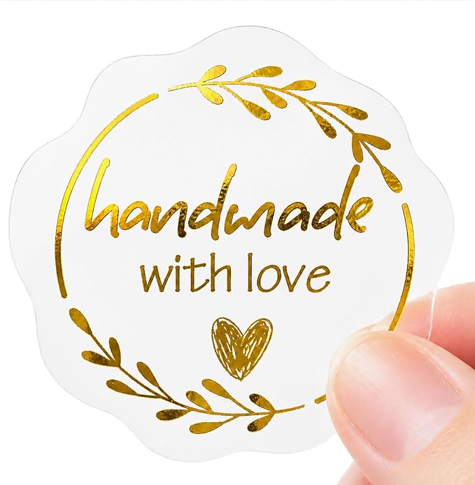 Handmade with Love Gold Foil Stickers, Pack of 100 Embossed Matte Gold Seals for Bakery Packaging, Treat Bags, Pastry Boxes, Small Business Thank You Labels for Gift Wrapping, 1.7 Inch (Clear Gold)