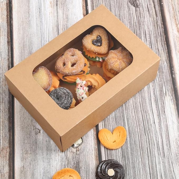 YEKTFS 24 Pcs Cookie Boxes with Window for Paper Gift Giving Brown Bakery Gift Boxes 9 x 6.3 x 3 Inch, Easy Estate Holiday Packaging for Cookie, Cupcaked, Donuts & Pastries