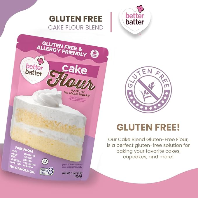 Better Batter Gluten-Free Cake Flour 1LB – Certified GF, Top 9 Allergen-Free, Vegan & Kosher Baking Mix – Premium Blend for Cakes, Quick Breads, Pancakes & Waffles – Smooth Texture, Rich Flavor, Safe for All Diets