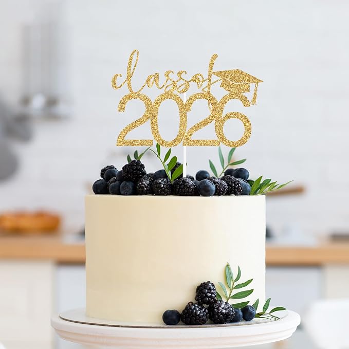 Class of 2026 Cake Topper, Congrats 2026 Cake Décor, Congrats Grad, Happy Graduation, High School/Senior/University Graduation Party Decorations Gold Glitter