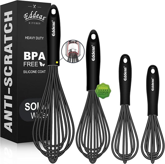 Eddeas Silicone Whisk - Non Scratch Whisks for Cooking, 500°F Heat Resistant Siliocne Wisk tool, Heavy Duty Kitchen Whisks, for Blending, Beating, set of 4 (5+7+9+11 inch) Black