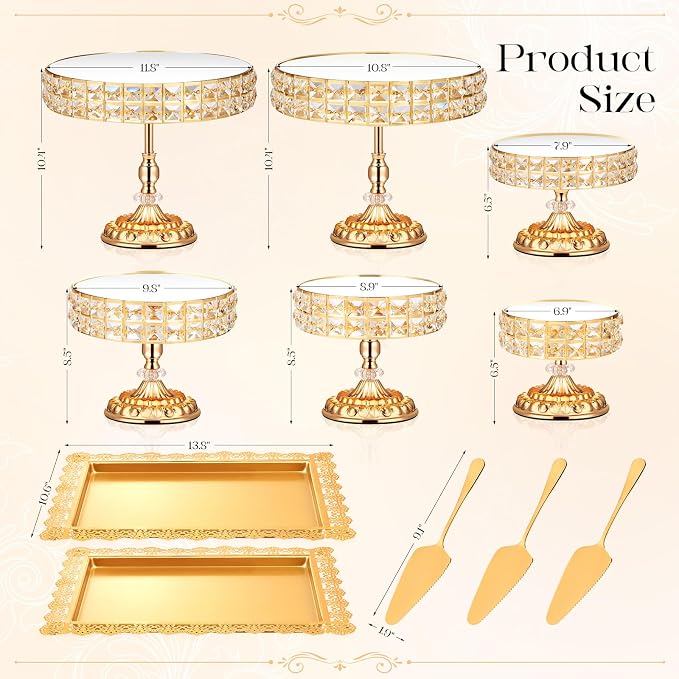 12 Pieces Gold Cake Stand Set, Vintage Cake Display Stand with Crystal Edge and Cupcake Display Tray, Dessert Table Display Set for Wedding Party Baby Shower Anniversary Celebration