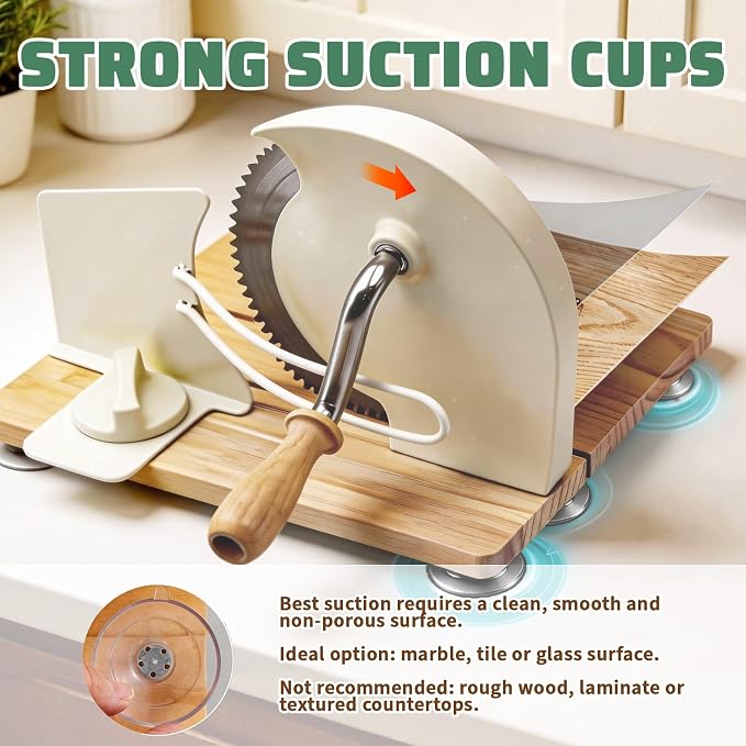 Manual Bread Slicer, Detachable Stainless Steel Blade & Folding Wood Base - Adjustable Slice Thickness 1-20mm, Suction Cup Base, Metal Guide & Rotating Handle for Sourdough, Bagels, Toast