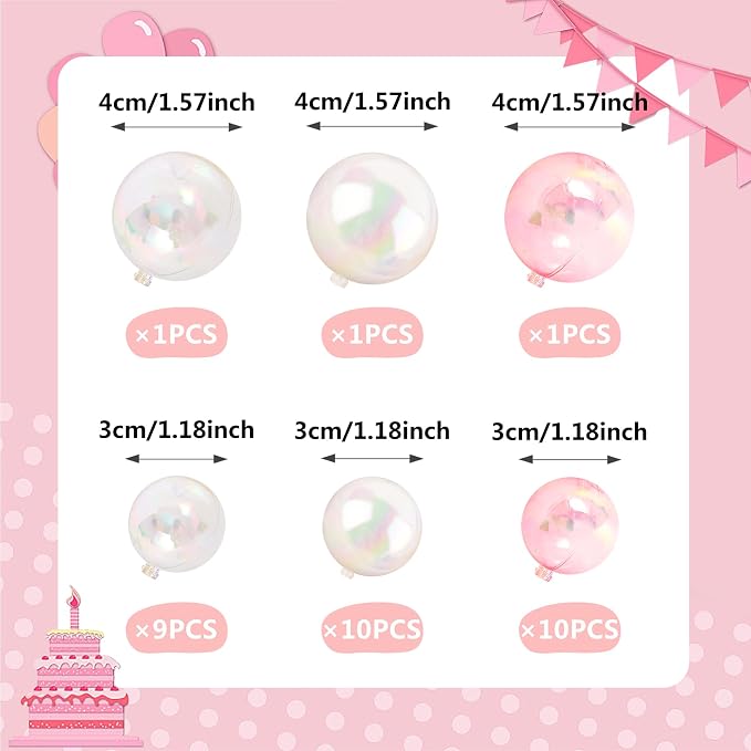 32 PCS Colorful Ball Shaped Cake Topper Pearl Balls Cupcake Cake Insert Topper for Birthday Party Wedding Decoration (White Clear Pink)