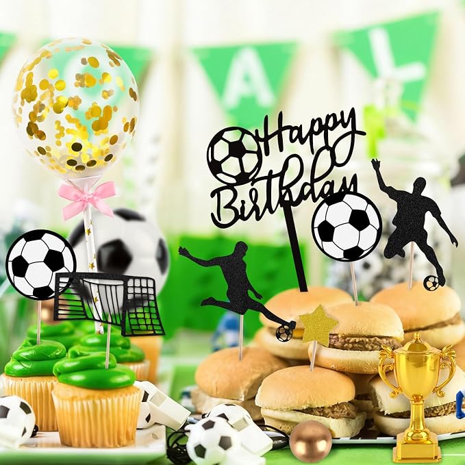 Hooqict 28Pcs Soccer Cake Decorations Set with Mini Balls, Players, Goal, Balloon, Soccer Ball Cake Toppers & Cupcake Toppers for Kids Boys Men Sports Themed Birthday Party Decorations Supplies
