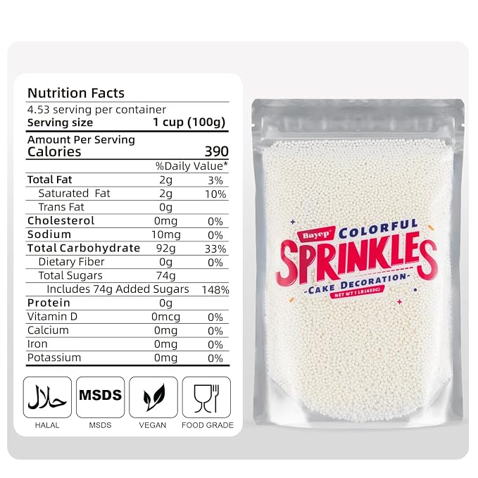 White Nonpareil Sprinkles Bulk 1 pound 2mm White Pearls Suagr Sprinkles for Cake Decorating Ice Cream Dessert Toppings Cookies Cupcakes Mini Round Birthday Candy
