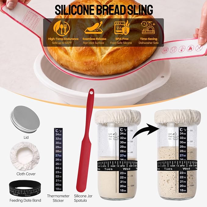 Sourdough Starter Kit, 9" Wood Pulp Banneton Proofing Basket with Jar & Lid | Complete Kit with 9" Banneton Basket & 24oz Jar. Reduces Sticking, Keeps Starter Fresh, For Home Baking, Beginners & Pros