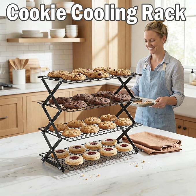 Collapsible Cooling Rack with Adjustable 3 Setting Design, 2/3/4-Tier Upgraded Heavy Duty Wire Cooling Rack, Stackable Baking Cooling Rack for Cookies, Bread & Roasting, Cookies Baking Gifts