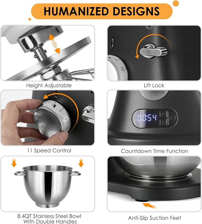 8.4QT Commercial Stand Mixer 800W with Aluminum Die Casting Meets the Standard of NSF/ANSI 8-2023, Mixers Kitchen Electric Stand Mixer with Stainless Steel 8L Bowl, Dough Hook, Whisk and Beater, Black