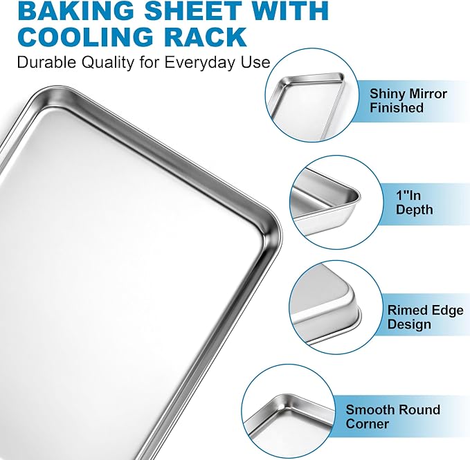 Herogo Stainless Steel Quarter Sheet Pan with Wire Rack Set(1 Pans + 1 Racks), 9 x 13 x 1 Inches Metal Baking Tray Set for Cooking & Roasting, Nontoxic & Easy Clean