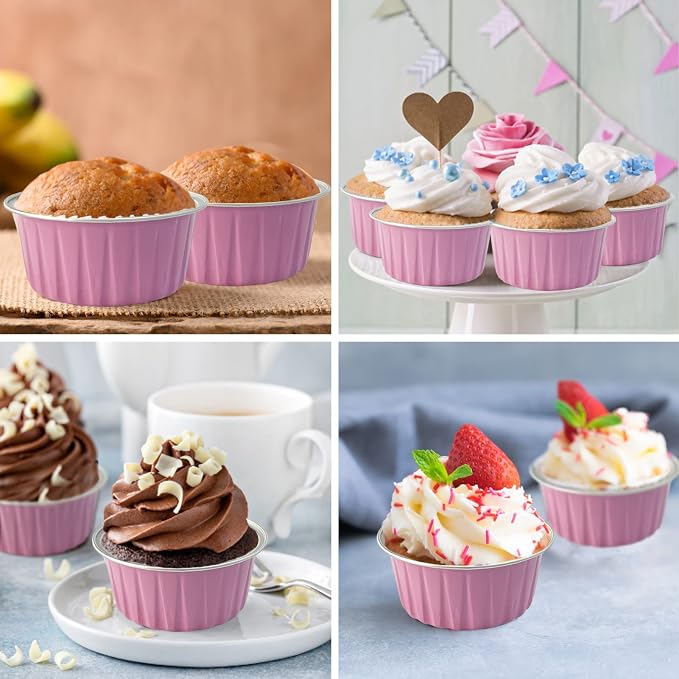 100Pcs Aluminum Cups with Lids,5oz Disposable Ramekin Baking Cups Muffin Liners Mini Pie Pans Foil Cupcake Containers for Christmas Party Wedding,Pink