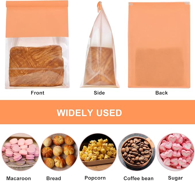 50 Pack Bakery Bags with Window - Large Reusable Cookie Bags With Seal Can Stand Upright Cookie Packaging Bag With Tin Tie Tab Lock Kraft Paper Bread Bags For Pastry,Donuts,Snacks（Orange Large)
