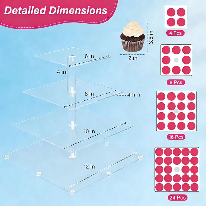 4 Tier Cupcake Stand for 50 Cupcakes, Clear Acrylic Cupcake Tower, Cupcake Holder for Parties, Weddings, Birthdays, Clear Dessert Display Ease of Assembly High Stability (Square)