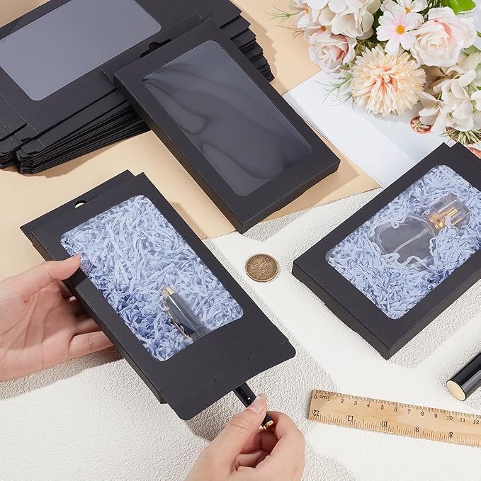 BENECREAT 20 Pack Kraft Paper Boxes with Clear Window 7.5x4x1inch Black Gift Packaging Boxes for Bakery Cookies Cake Candy Wedding Party Favors