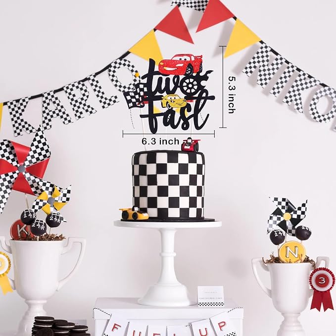 MEMOVAN Two Fast Cake Topper Race Car 2nd Cake Toppers Racing Car Birthday Cake Decoration for Racing Car Checkered Flag Themed Girl Boy 2 Years Birthday Party Decoration Double Sided