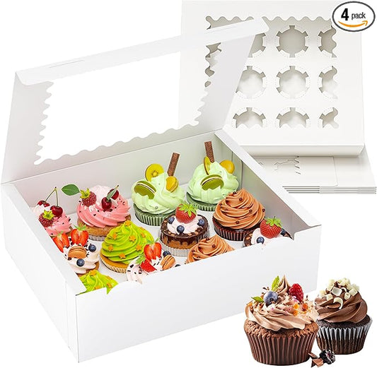RYDDOY 4 Pack Cupcake Boxes, Hold 12 Standard Cupcakes, Cupcake Containers with Window and Inserts, High Grade Cupcake Holder, for Birthday Holiday Party, Supplies for Cupcakes, Desserts and More