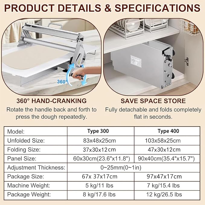 Commercial Dough Sheeter, Reversible Manual Sheeter for Puff Pastry and Fondant, Foldable Design with 0-25mm Thickness Adjustment, Stainless Steel for Bakeries and Pastries