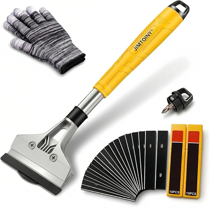 Razor Blade Scraper 4-Inch Floor Scraper Built-in Screwdriver | 21 Blades + Gloves Included, Hollow Handle Extends Reach, Non-slip PVC Grip, Ideal for Glass Stove Floor Paint Removal