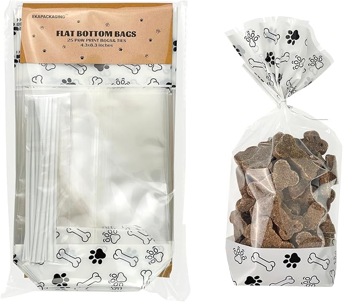 EKAPACKAGING 25 Pack 4.3x8.3 Inch Clear Paw Print Dog Treat Bags with Twist Ties Flat Bottom Cellophane Goodie Bags for Pet Party Favors Birthday Gifts Retail Packaging Homemade Treats