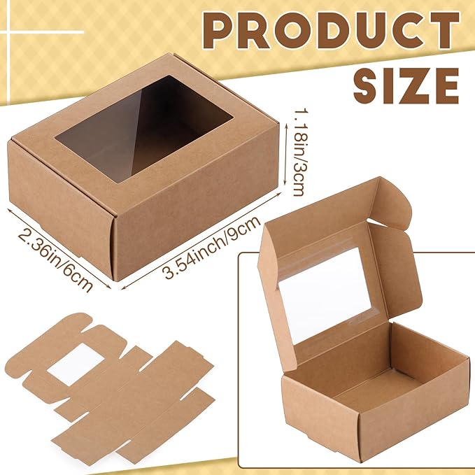 Zonon 60 Pcs Soap Boxes for Homemade Packaging, Mini Kraft Boxes with Window for Bakery Candy Soap Making Gift Packaging, 3.7x2.6x1.4 Inch (Kraft Color)