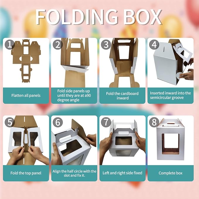 KBG Tall Cake Boxes 6pcs 14x14x16 and 16x16x18 Inches White With Window for Tier Cakes, Wedding, Birthday Transport - Large With Handle, Disposable Containers
