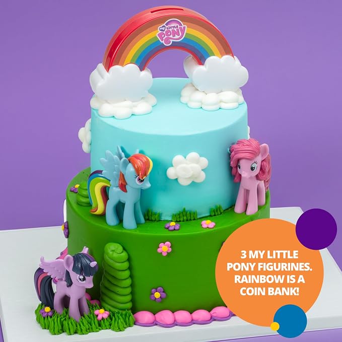 DecoSet® My Little Pony™ Over The Rainbow Signature Cake Topper, 4 Piece Decoration, Dash, Pinkie Pie, and Twilight Sparkle, Coin Bank, Collectable Figurines For Birthday