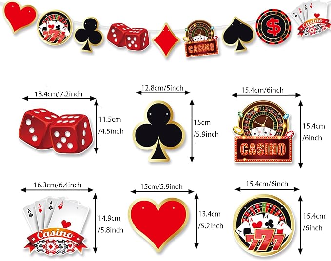 Zwiebeco Casino Theme Happy Birthday Banner Colorful Poker Sign Hanging Paper Party Decorations for Men Women Playing Cards Game Themed Accessories Supplies