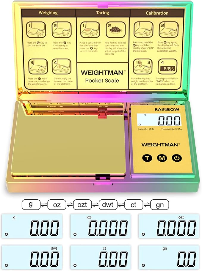 WEIGHTMAN Shiny Digital Gram Scale 200g x 0.01g, Chrome Rainbow Mini Scale | Food Scale for Ounces and Grams, Iridescent Pocket Scale, Jewelry Scale for Gold Coins, Gems, Powder, Backlit LCD, 6 Units